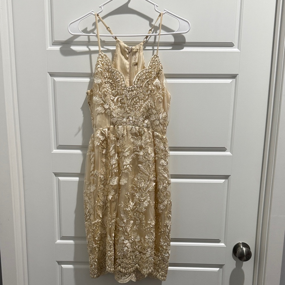 Altar'd State Elegant Gold Lace Mini Dress